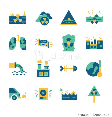 Flat Design Icon Set of Global Warming Factory Waste Pollution Nature World 120830497