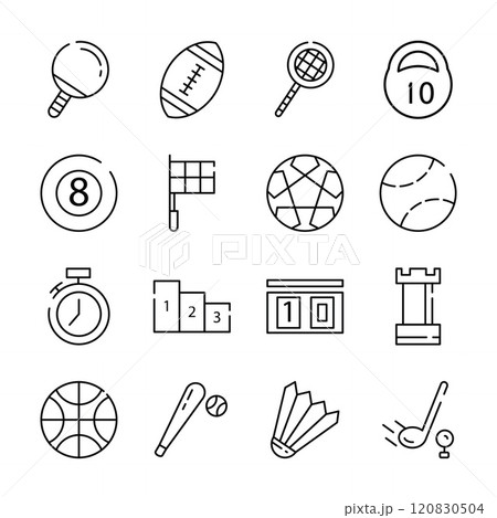 Line Art Icon Set of Sport Equipment Football Volley Ball Tennis Badminton Line Art Icon Set of Sport Equipment Football Volley Ball Tennis Badminton 120830504