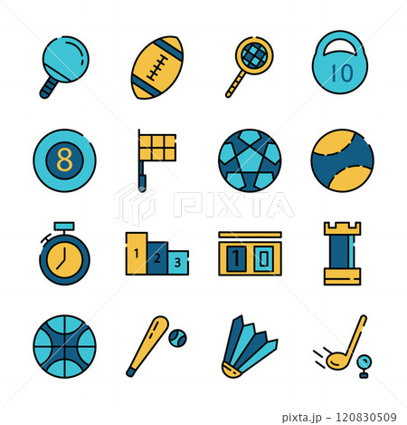 Filled Line Art Icon Set of Sport Equipment Football Volley Ball Tennis Badminton Filled Line Art Icon Set of Sport Equipment Football Volley Ball Tennis Badminton 120830509