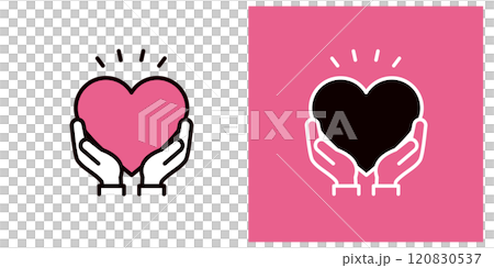 Icon holding a heart from below with both hands _ Hand and heart mark _ Copy space _ Thick line _ Surprise 120830537