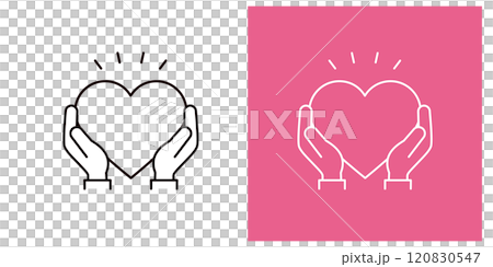 Icon holding a heart with both hands _ Hand and heart mark _ Copy space _ Thin line _ Surprise 120830547