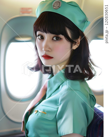 空の旅の安全を守る、凛とした制服姿のアジア人キャビンアテンダント 120830651