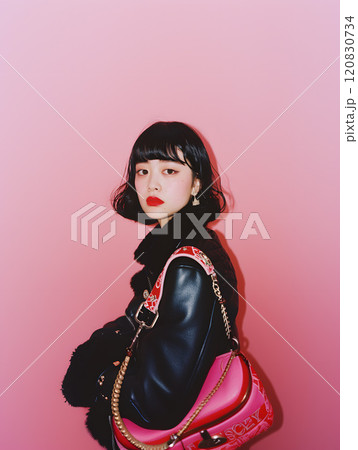 トレンドのブランドバッグを持つファッショナブルなアジア人女性 120830734