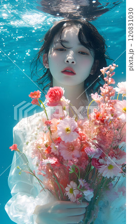 水中の花園に包まれたアジア人女性 120831030