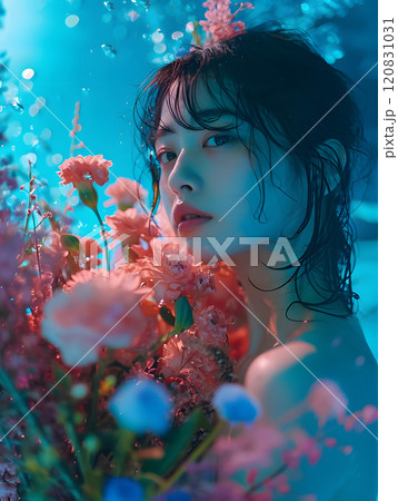 水中の花園に包まれたアジア人女性 120831031