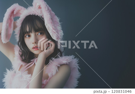 ウサギの着ぐるみを纏うアジア人女性 120831046
