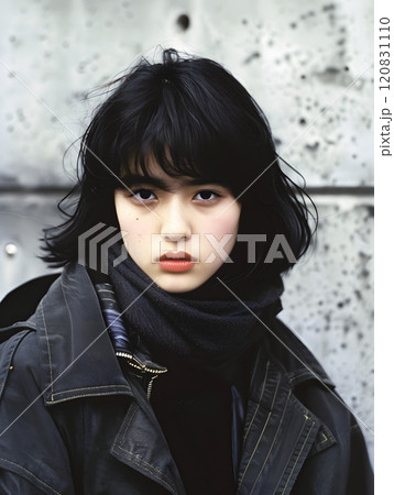 コンクリート塀の前のアジア人女性 コンクリート塀の前のアジア人女性 120831110