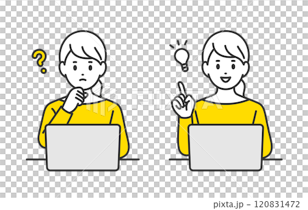 A set of young women looking at a computer and having doubts/inspiration poses [People vector illustration material] 120831472