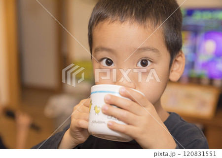可愛いコップで飲み物を飲む男の子 120831551