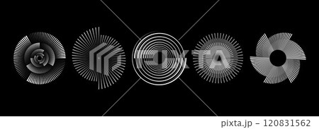 Radial spiral pattern set. Circular spinning speed lines form collection. Rotating circle sound wave concepts. Abstract sunburst ray and beam design element for icon, badge, logo, tag, label. Vector 120831562
