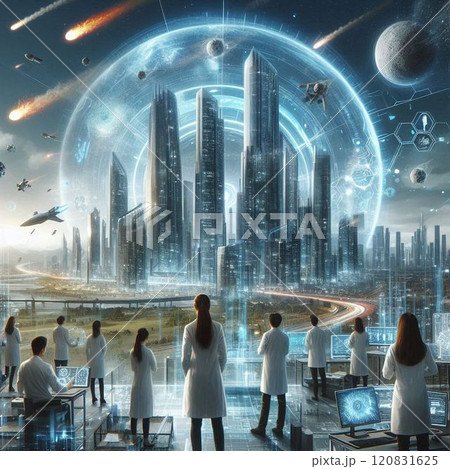 未来の宇宙人と宇宙船のオブジェのある風景 120831625