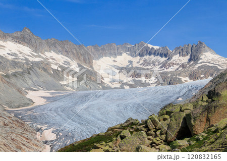 The Rhone Glacier, the source of the Rhone River at Furka Pass in the Swiss Alps in canton of Valais, Switzerland The Rhone Glacier, the source of the Rhone River at Furka Pass in the Swiss Alps in canton of Valais, Switzerland 120832165