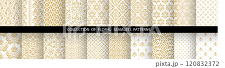 Geometric floral set of seamless patterns. White and golden vector backgrounds. Damask graphic ornaments Geometric floral set of seamless patterns. White and golden vector backgrounds. Damask graphic ornaments 120832372