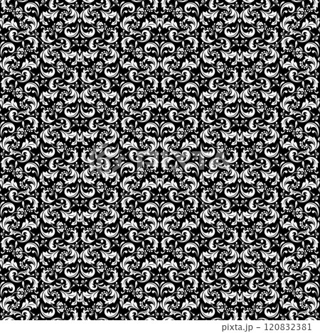 Wallpaper in the style of Baroque. Seamless vector background. White and black floral ornament. Graphic pattern for fabric, wallpaper, packaging. Ornate Damask flower ornament. 120832381