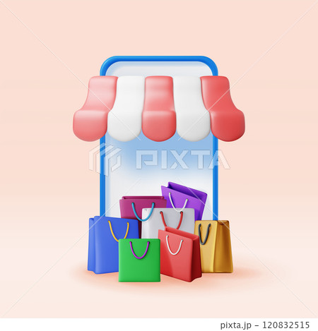 3D striped awning in smartphone and shopping bags 120832515