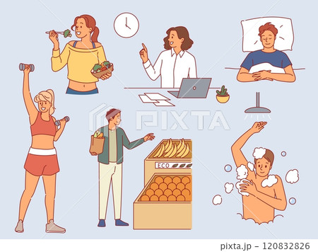 Healthy lifestyle habits. Proper nutrition, people exercise, eat fresh vegetable food and follow daily routine, active happy men and women, work and relax cartoon flat isolated vector set 120832826