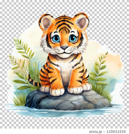 水邊岩石上的可愛小老虎水彩畫 2 / 傳單和海報材料 120832830
