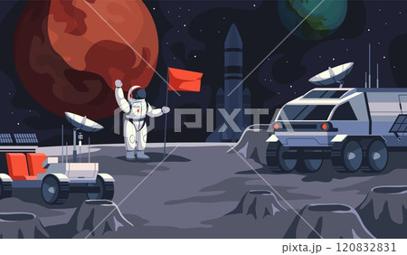 Mars exploring. Astronaut in spacesuit sets flag on planet, space discoveries, special cosmos machinery, moon rover, cosmonaut travel landscape, cartoon flat isolated tidy vector concept 120832831