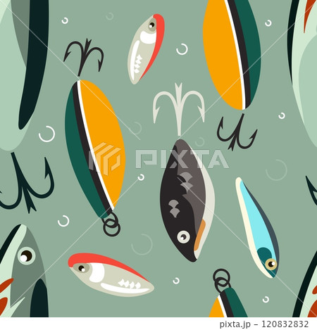 Seamless fishing baits pattern. Colorful lures, metal hooks, different shapes plastic fish imitations, repeated spinners. Decor textile, wrapping, wallpaper. Print for fabric, vector background Seamless fishing baits pattern. Colorful lures, metal hooks, different shapes plastic fish imitations, repeated spinners. Decor textile, wrapping, wallpaper. Print for fabric, vector background 120832832
