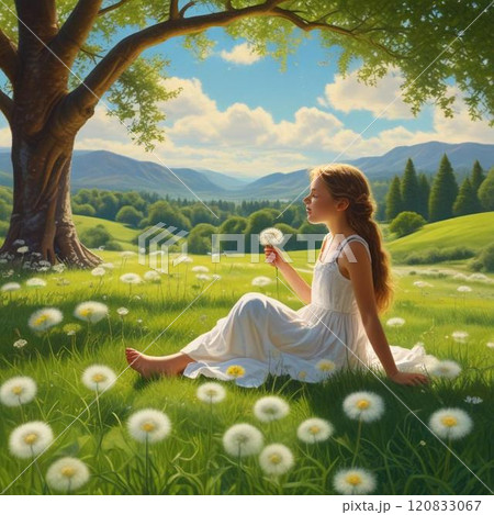 たんぽぽとリラックスする少女 たんぽぽとリラックスする少女 120833067