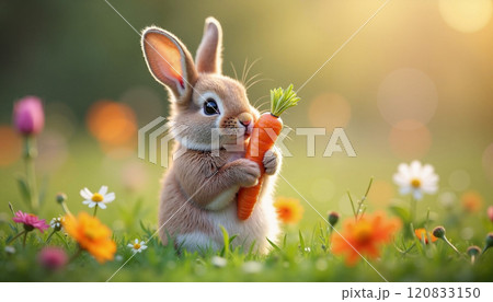 Cute bunny enjoying a fresh carrot in a vibrant flower garden during golden hour 120833150