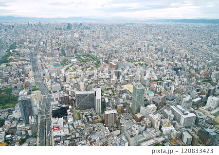 大阪 天王寺 あべのハルカスから見た大阪(北東方向) 四天王寺、鶴見緑地、京都方面など(夕方、秋) 大阪 天王寺 あべのハルカスから見た大阪(北東方向) 四天王寺、鶴見緑地、京都方面など(夕方、秋) 120833423