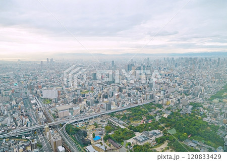 大阪　天王寺　あべのハルカスから見た大阪（北西方向）　天王寺公園から淀川、神戸市街地（日没間近、秋） 120833429