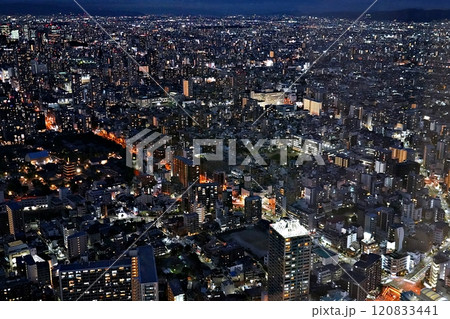 大阪 天王寺 あべのハルカスから見た夜の大阪(北東方向) 四天王寺、上町筋と京都方面(日没後、秋) 大阪 天王寺 あべのハルカスから見た夜の大阪(北東方向) 四天王寺、上町筋と京都方面(日没後、秋) 120833441