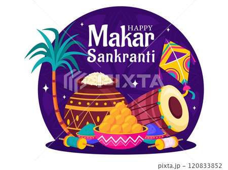 Makar Sankranti Vector Illustration. Translation the Harvest Festival. Indian Festive with Flying Colorful Kites and Festive Activity in a Background 120833852