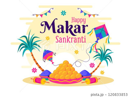 Makar Sankranti Vector Illustration. Translation the Harvest Festival. Indian Festive with Flying Colorful Kites and Festive Activity in a Background 120833853