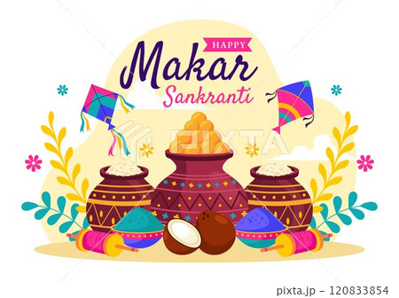 Makar Sankranti Vector Illustration. Translation the Harvest Festival. Indian Festive with Flying Colorful Kites and Festive Activity in a Background 120833854