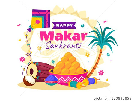 Makar Sankranti Vector Illustration. Translation the Harvest Festival. Indian Festive with Flying Colorful Kites and Festive Activity in a Background 120833855