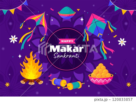 Makar Sankranti Vector Illustration. Translation the Harvest Festival. Indian Festive with Flying Colorful Kites and Festive Activity in a Background 120833857