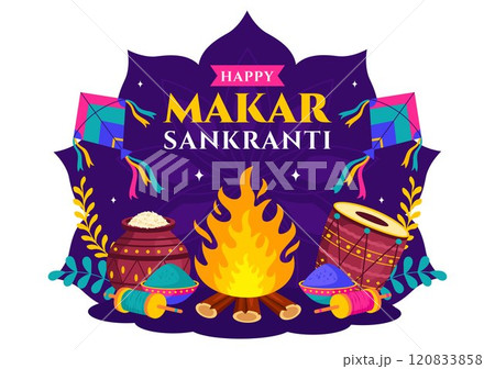 Makar Sankranti Vector Illustration. Translation the Harvest Festival. Indian Festive with Flying Colorful Kites and Festive Activity in a Background 120833858