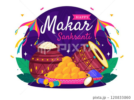 Makar Sankranti Vector Illustration. Translation the Harvest Festival. Indian Festive with Flying Colorful Kites and Festive Activity in a Background 120833860