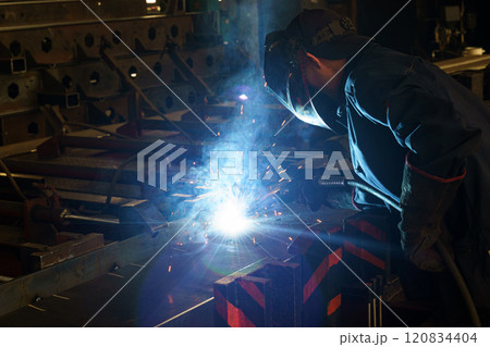 Skilled welder creating sparks in bustling workshop during evening shift Skilled welder creating sparks in bustling workshop during evening shift 120834404