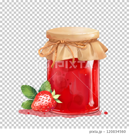 Glass jar with jam. Strawberry dessert. Hand drawn illustration on white 120834560