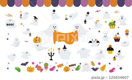 ゴーストとハロウィンアイテムの楽しいイラスト素材セット 120834607