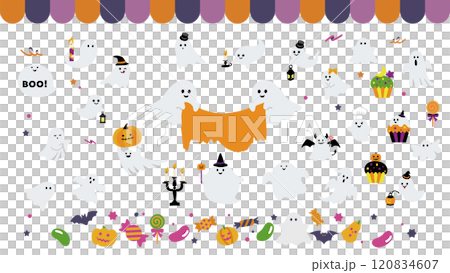 ゴーストとハロウィンアイテムの楽しいイラスト素材セット 120834607