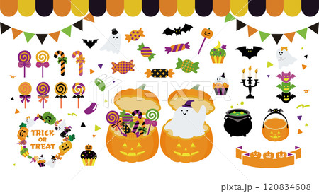 ハロウィンアイテムとお菓子のイラスト素材セット ハロウィンアイテムとお菓子のイラスト素材セット 120834608