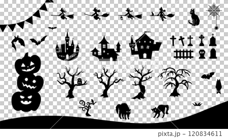 ハロウィンの魔女やカボチャなどのシルエットイラストセット ハロウィンの魔女やカボチャなどのシルエットイラストセット 120834611
