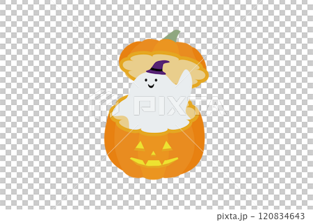 Illustration of a ghost saying hello from a candy box 120834643