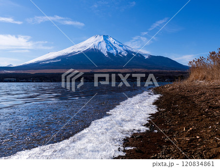 冬の富士山と湖面が凍った山中湖 冬の富士山と湖面が凍った山中湖 120834861