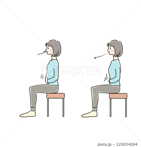 座って腹式呼吸をする女性(左向き) 座って腹式呼吸をする女性(左向き) 120834884