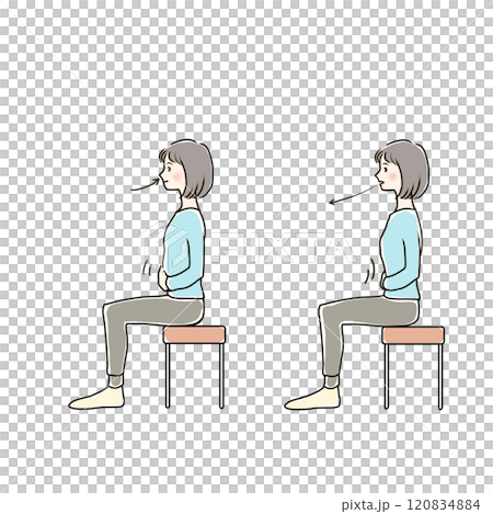 座って腹式呼吸をする女性(左向き) 座って腹式呼吸をする女性(左向き) 120834884