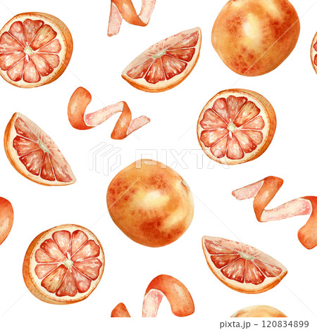 Red grapefruit slices, halves and whole fruit, peel spiral watercolor seamless pattern isolated on white. Ripe citruses on repeated background hand drawn . Red oranges in botanical sketch painted. 120834899