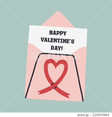 Simple Valentines Day card with envelope. Flat vector hearts hand drawn doodle. Simple, minimalistic, holiday card. 120834964