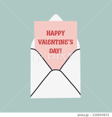 Simple Valentines Day card with envelope. Flat vector hearts hand drawn doodle. Simple, minimalistic, holiday card. 120834972