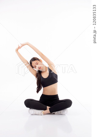 Portrait beautiful young asian woman in sportswear doing practice yoga for stretch hands and arm. Portrait beautiful young asian woman in sportswear doing practice yoga for stretch hands and arm. 120835133