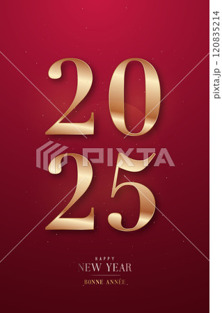 Happy New Year 2025 greeting in gold on red 120835214